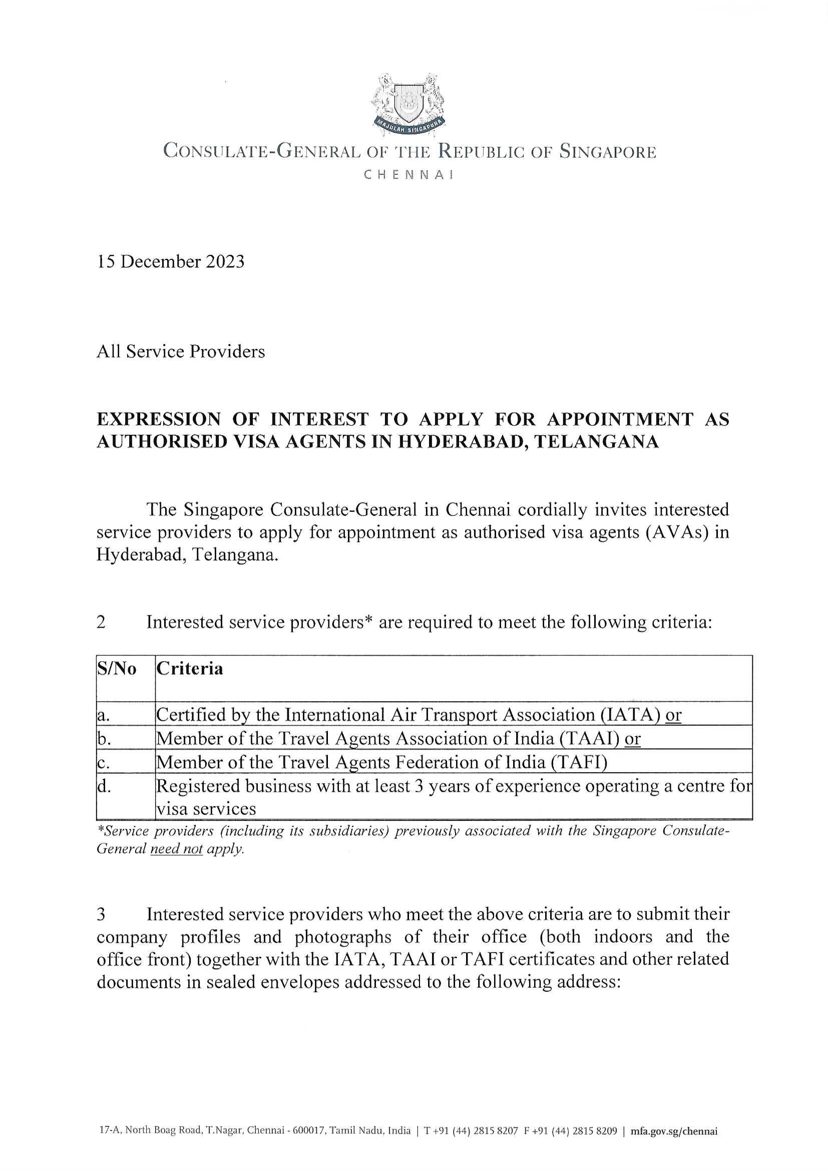 Singapore Consulate document: Expression of Interest for Authorised Visa Agents.